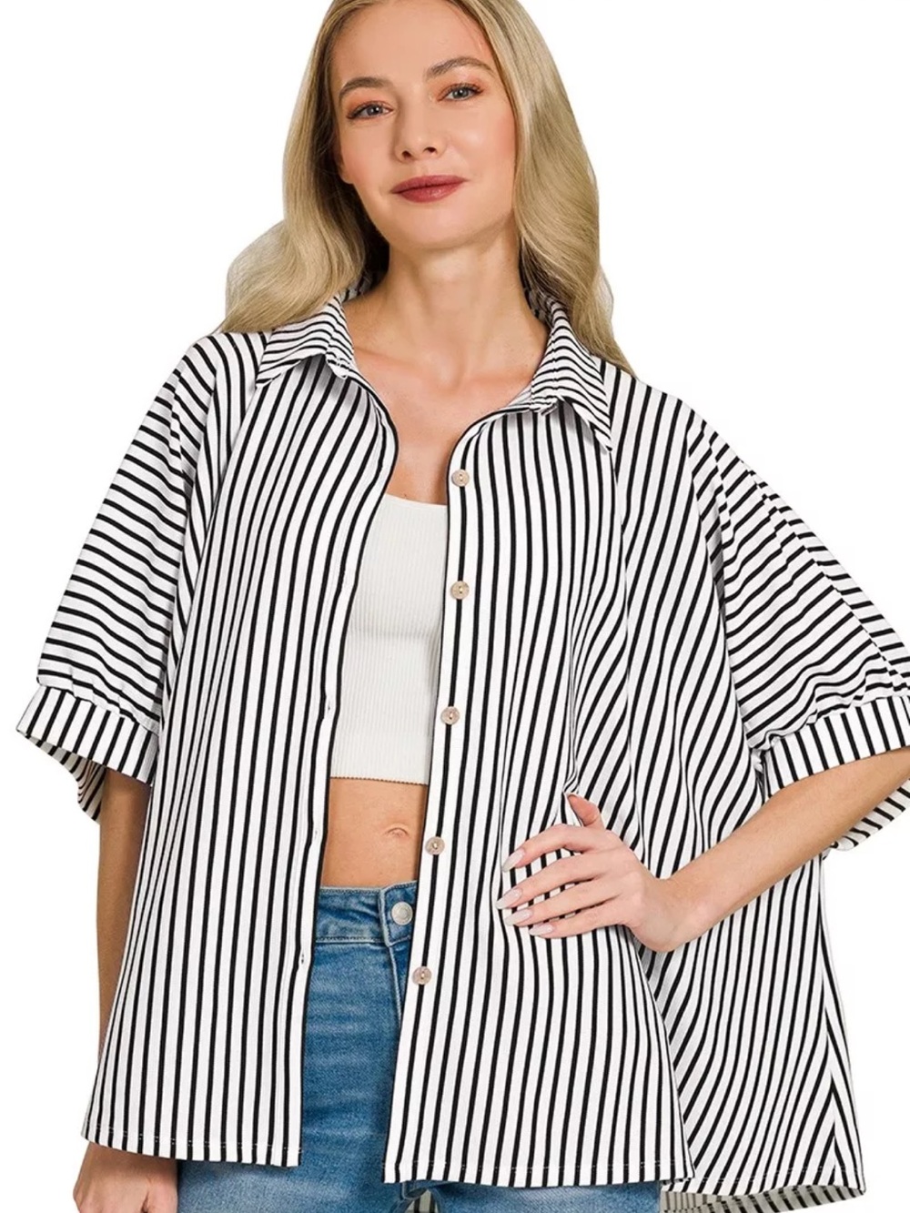 Zenana oversized navy white Striped Button Down Shirt